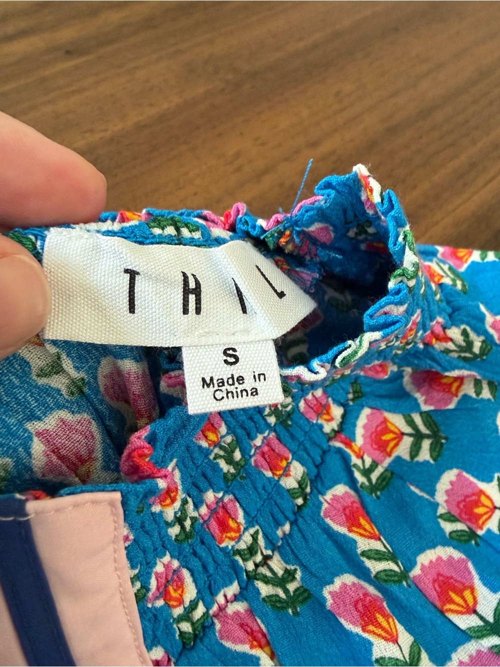 THML Top S Blue Pink Floral Block Print Smocked Neck Boho Tunic Blouse - Picture 4 of 8